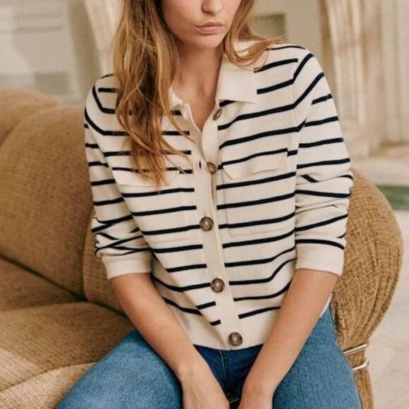 BEST Sezane Betty Cardigan XSmall Navy Ecru Striped French Wool Causal Classic - Picture 3 of 8